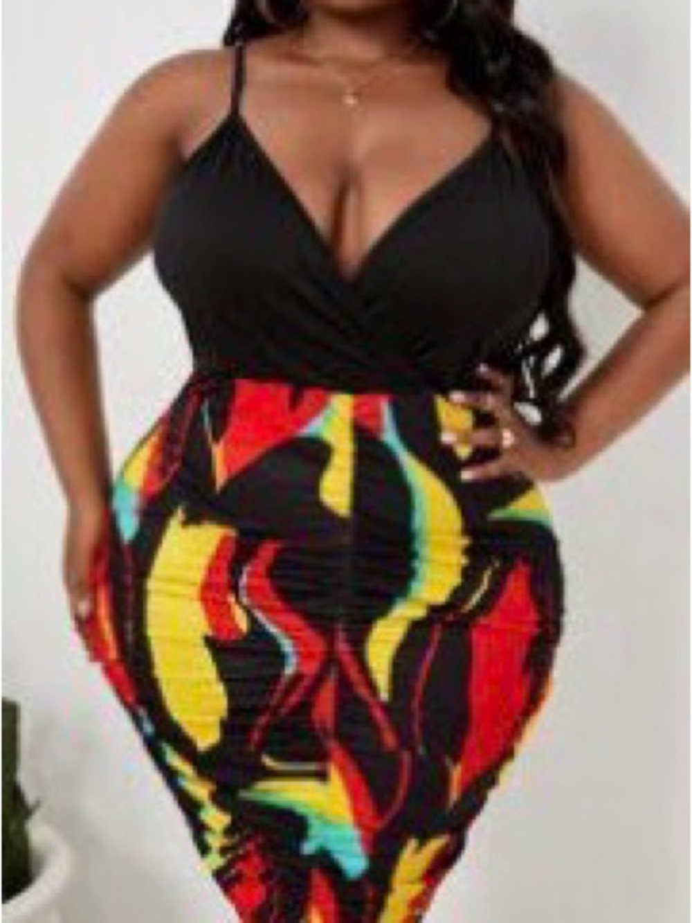 SHEIN Curve Plus-Size Black V-Neck Multi-Color Print Bodycon Dress Size 1XL